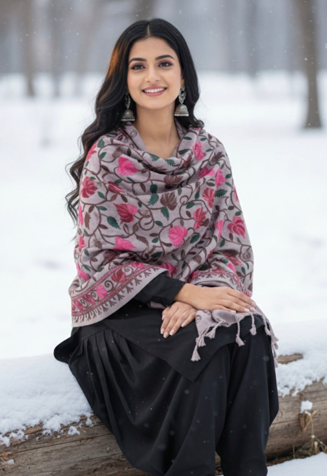 Craftique Kashmir - Combo Offer _ Black & Beige Embroidered Shawls