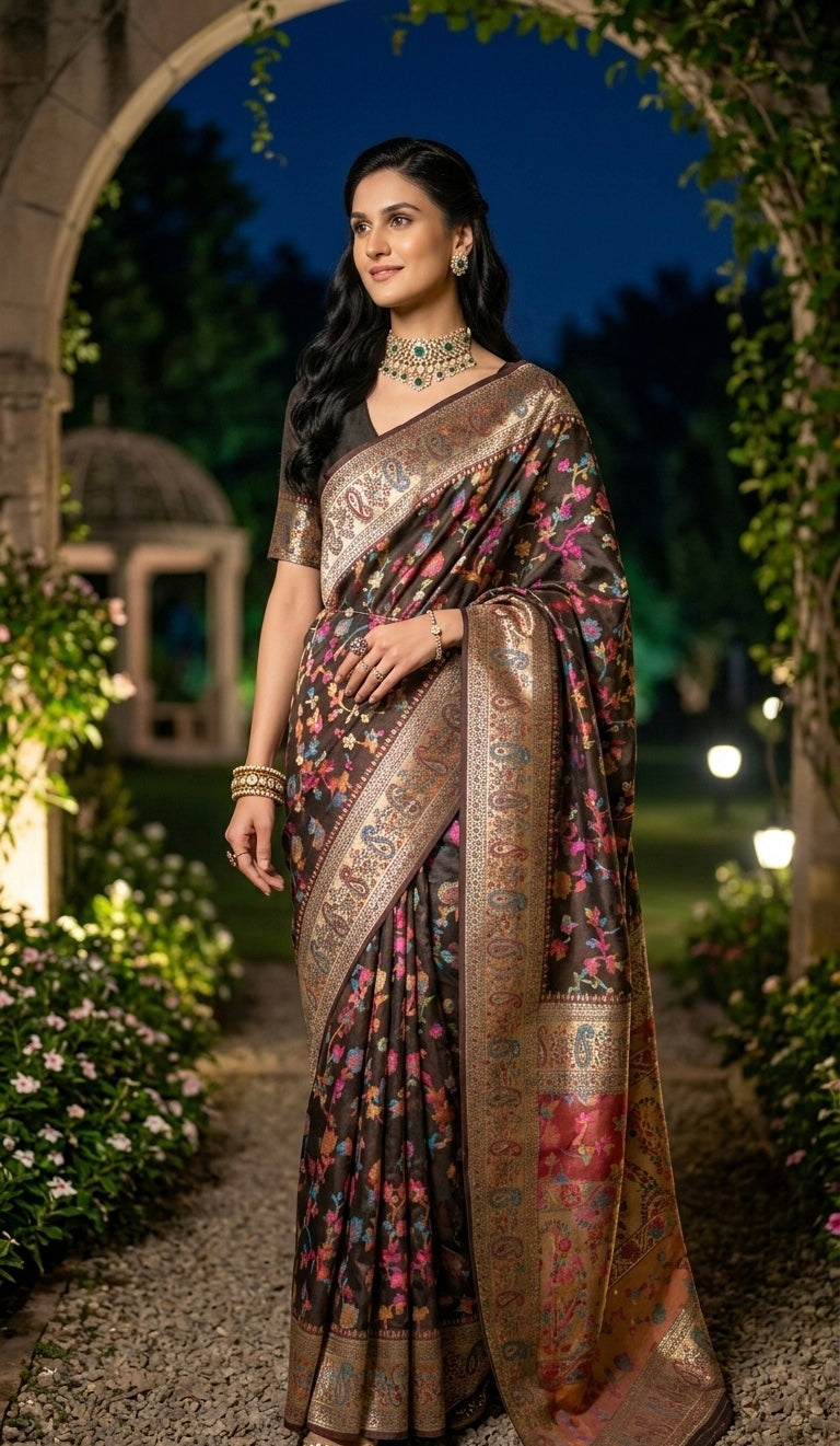 Craftique Kashmir Ethereal Midnight Coffee Silk Saree with Vibrant Contrast Border and Blouse Set
