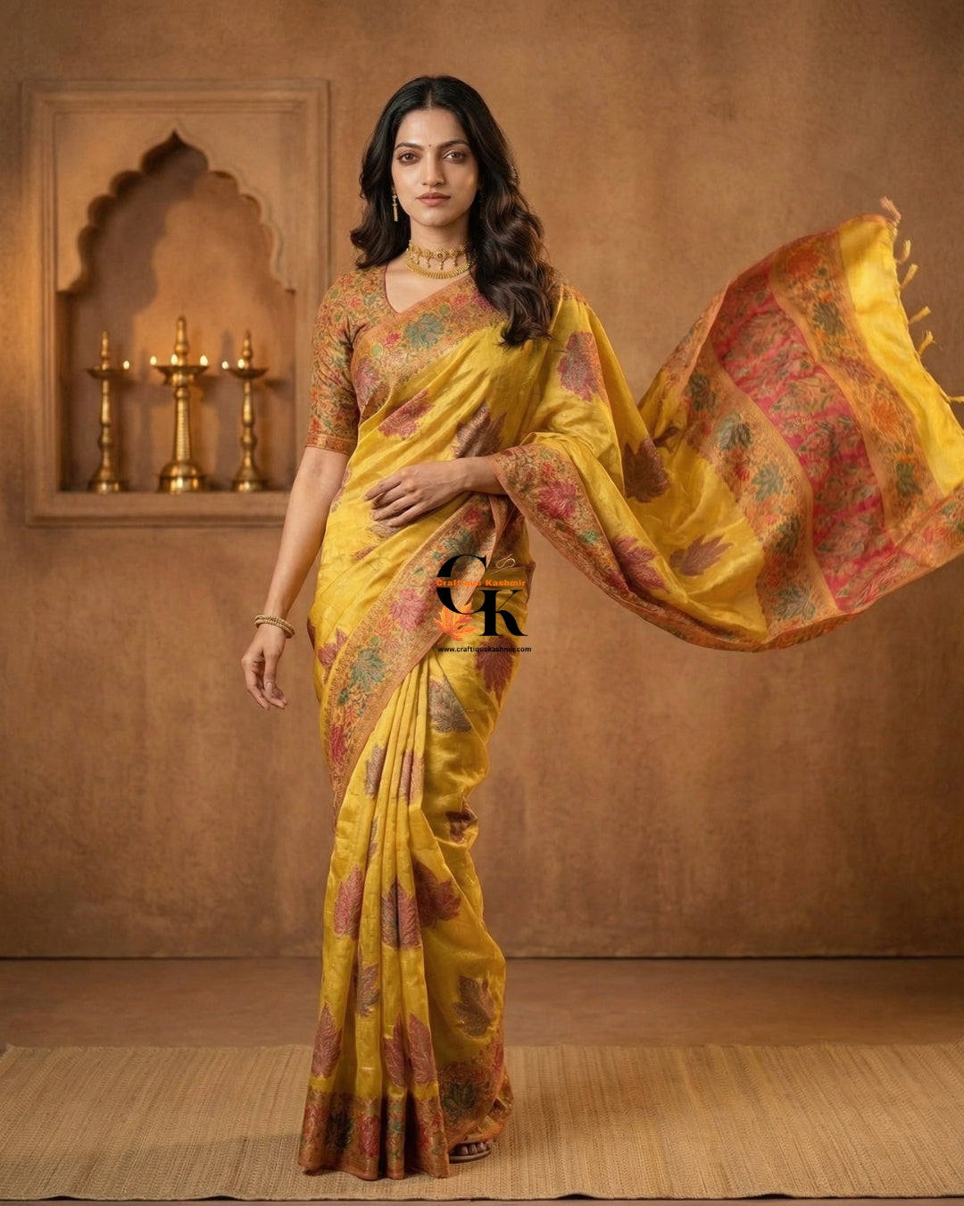Craftique Kashmir Designer Saree and Blouse Set | Premium Cotton Self Woven | Kalamkaari Gold Yellow Coloured