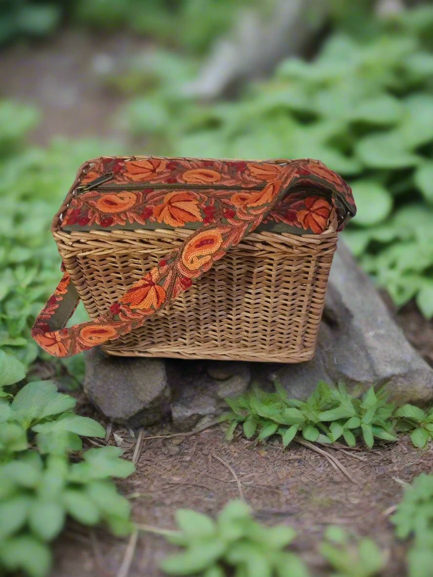 Ladies Hand Bag | Willow Wicker | Kashmiri Embroidered | Zip Closure