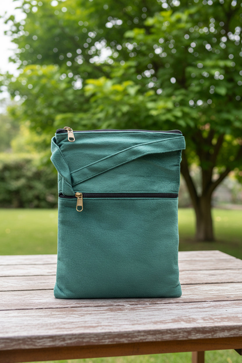 Three Zipper Kashmiri Embroidered Velvet Pouch | Sage Green
