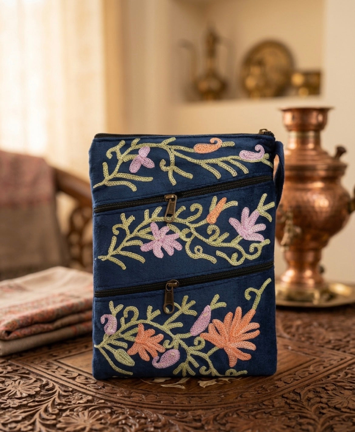 Three Zipper Kashmiri Embroidered Velvet Pouch | Navy Blue / Indigo