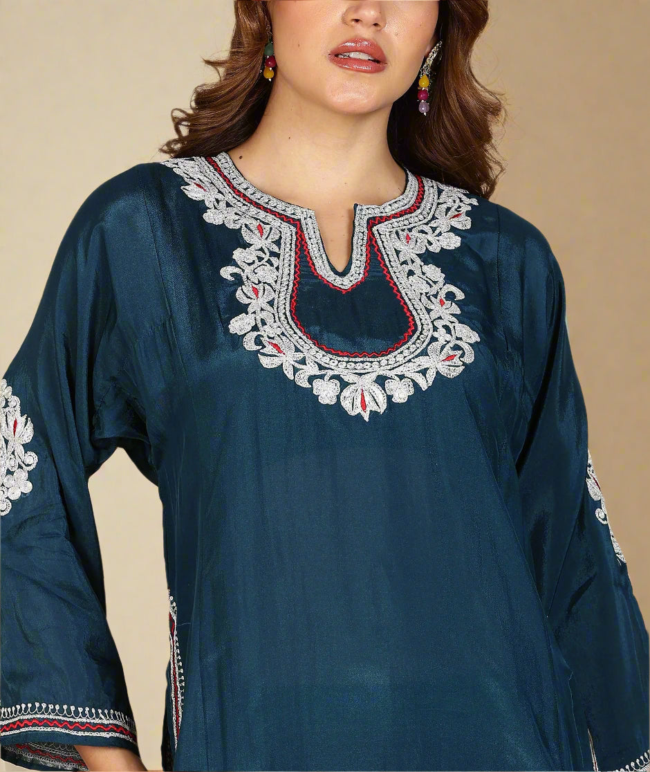 Tilla Embroidered Summer Pheran Set | Blue Colored