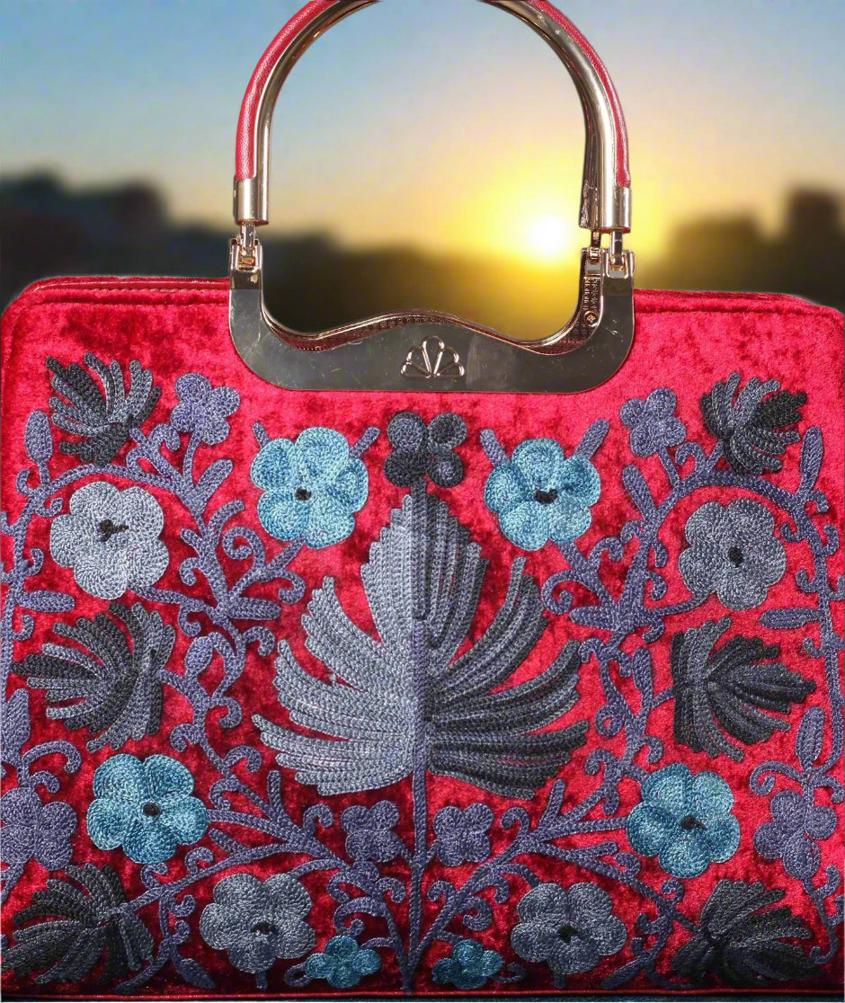 Ladies Hand Bag | Red | Chinar Motif | Hand Embroidered