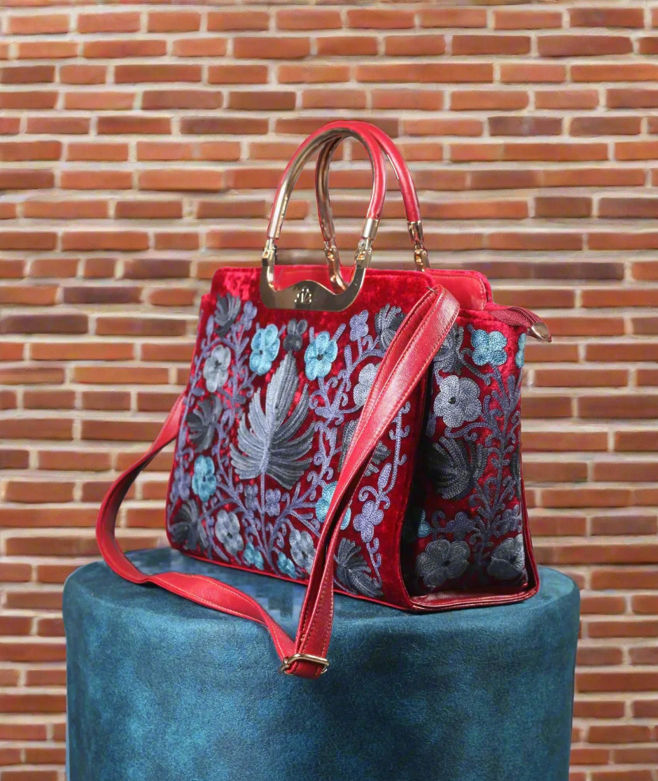 Ladies Hand Bag | Red | Chinar Motif | Hand Embroidered