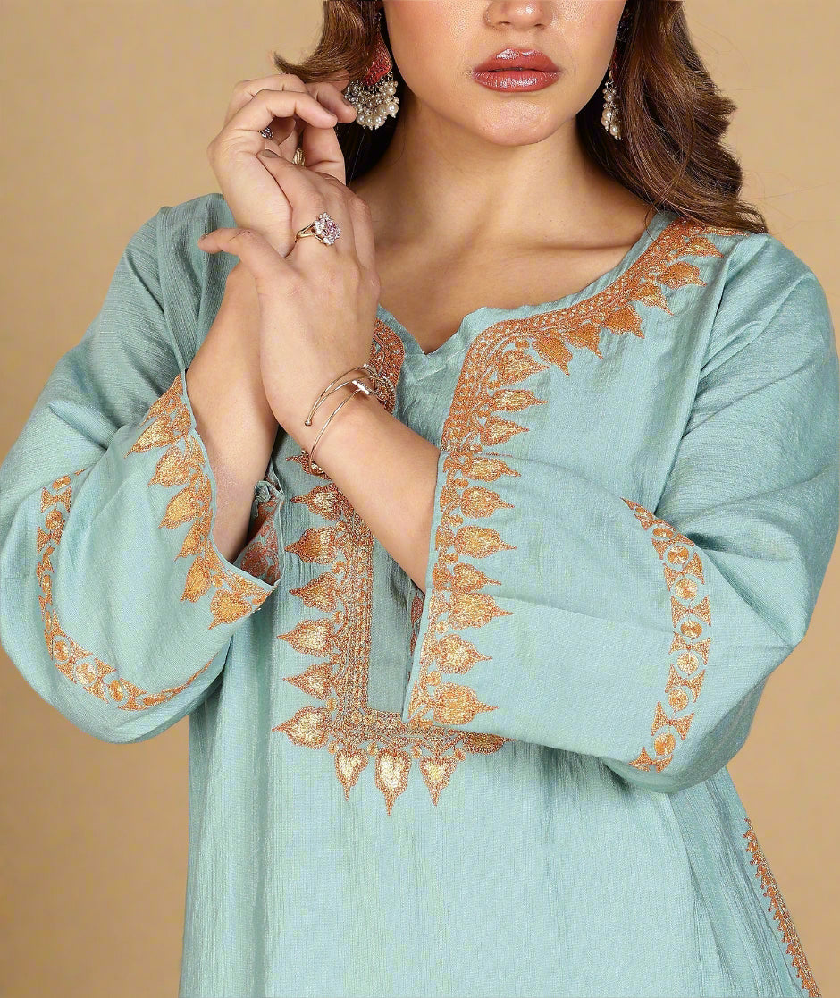 Celadon Green Kashmiri Tilla Embroidered Summer Pheran Set