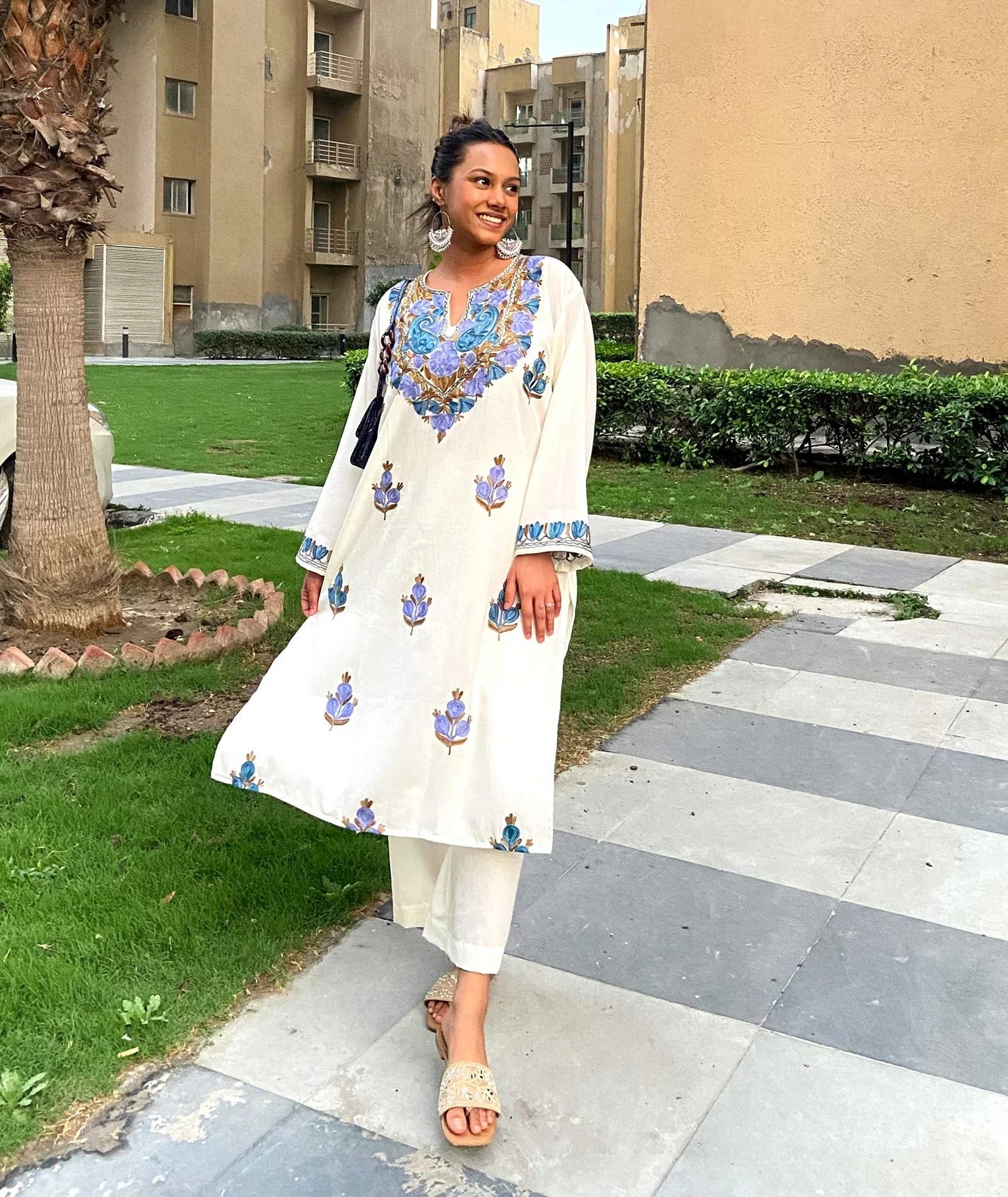 Light Creme Based | Aari Embroidered | Ladies Co-Ord Set | Ruby Cotton