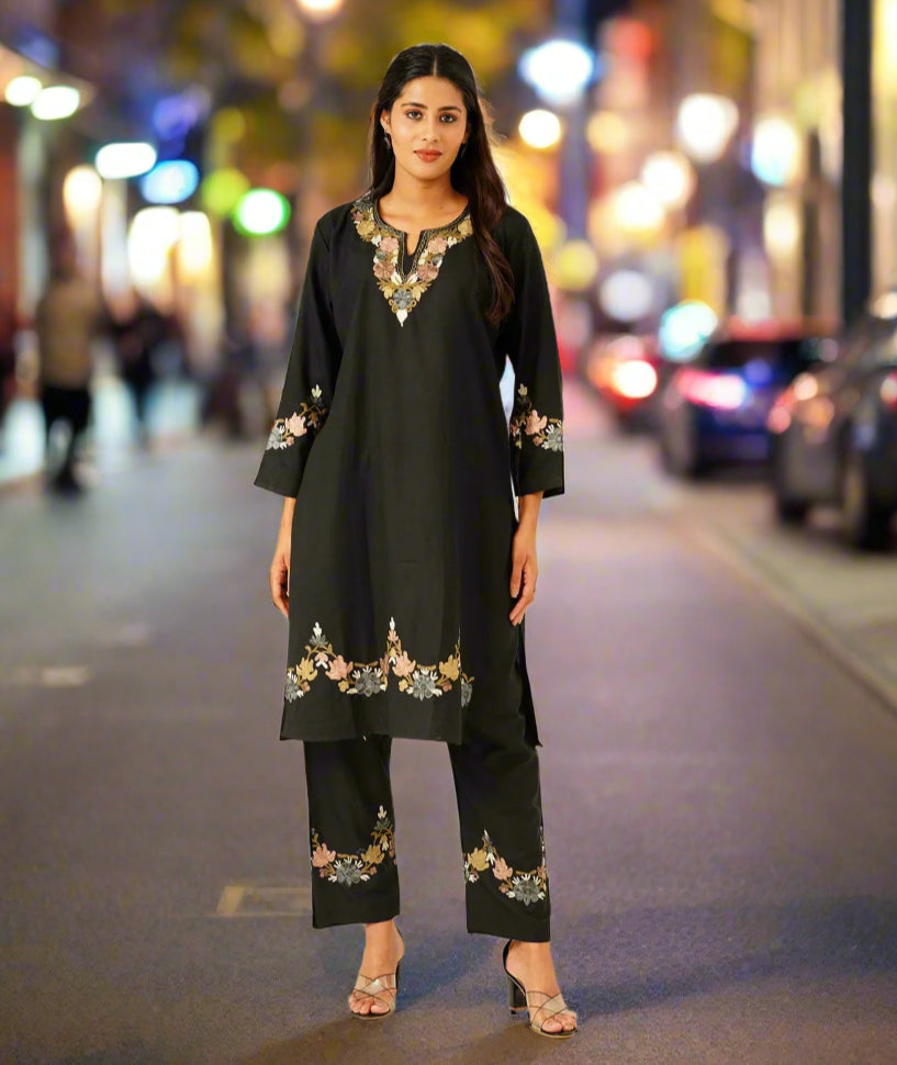 Kashmiri Aari Embroidered | Poshnaal Design | Cotton Co Ord Set | Black Colored