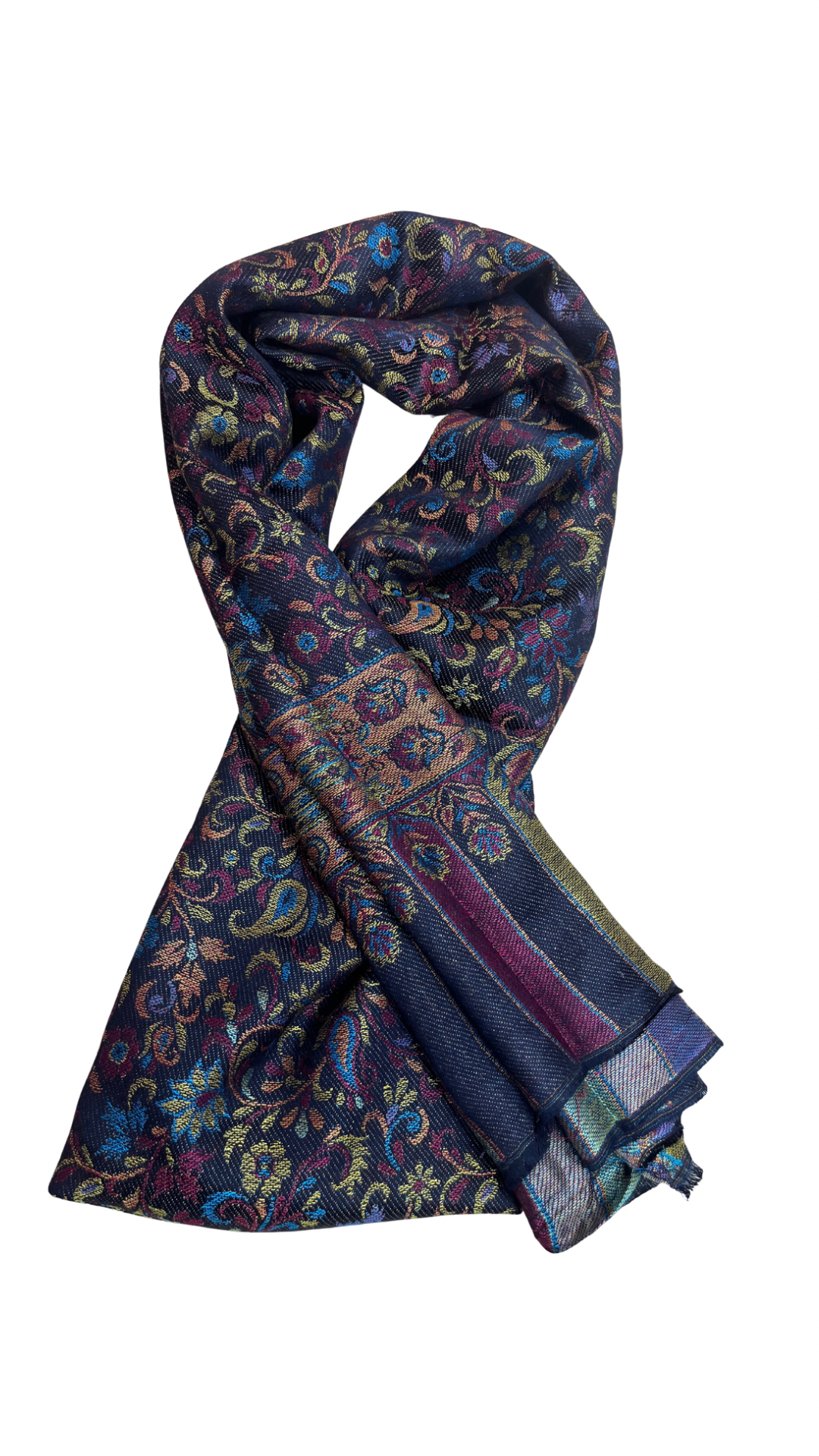 Tussar Silk Luxurious Kashmiri Stole | Black Multicolored | Self Woven Kani Stole