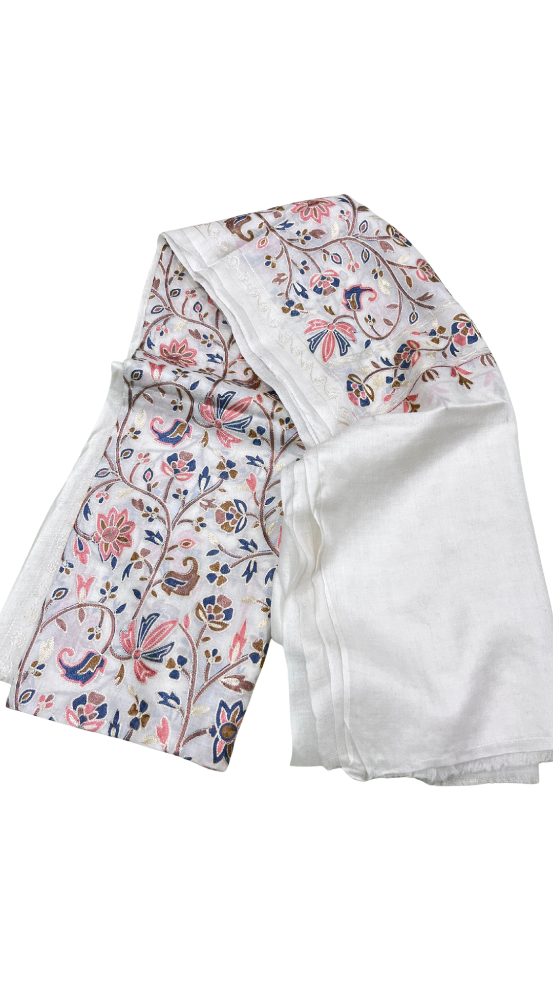 Craftique Premium Soft Wool Kalamkaari Stole | Pink Blue Flower Pattern | White Base