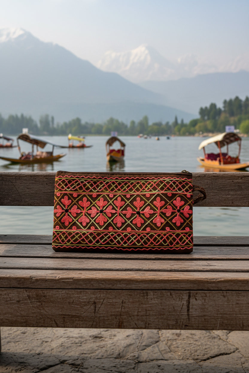 Craftique Kashmiri Embroidered Utility Pouch / Wristlet | Espresso Coral