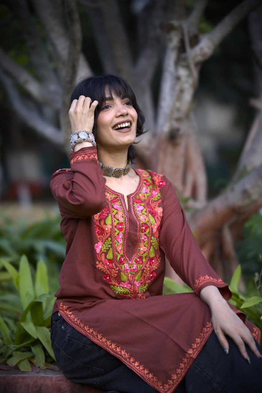 Kashmiri Embroidered Long Kurti | Dark Brown Colored