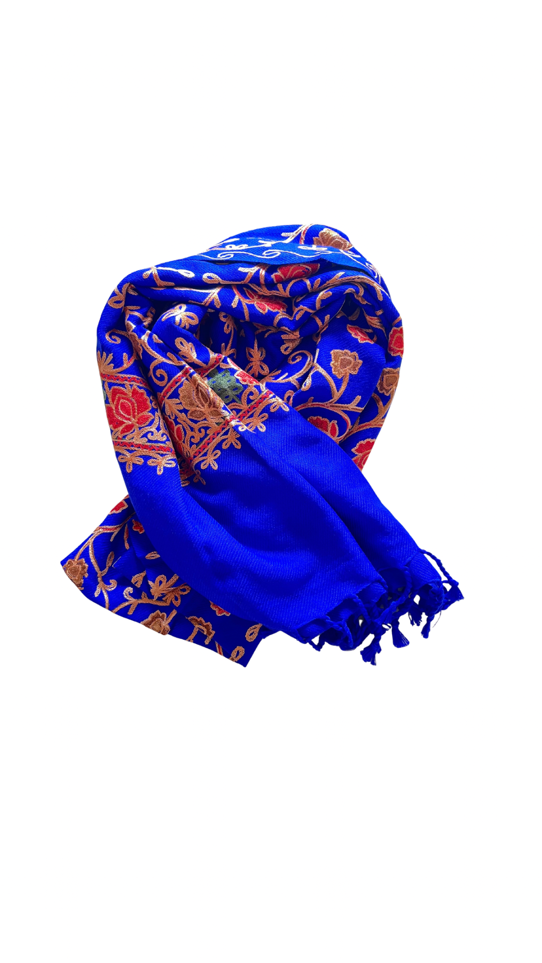 Blue scarf with floral patterns on a white background