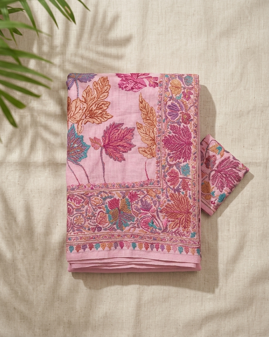 Craftique Kashmir Designer Saree and Blouse Set | Premium Cotton Self Woven | Chinar Embroidery Stylish Pink Coloured