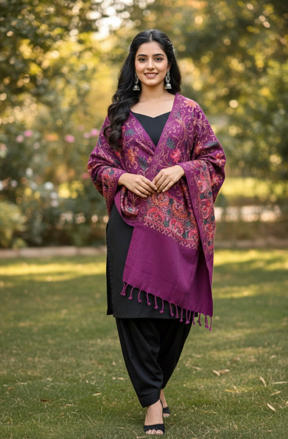 Craftique Kashmir - Combo Offer _ White Kani Tussar Silk Stole & Magenta Woolen Shawl