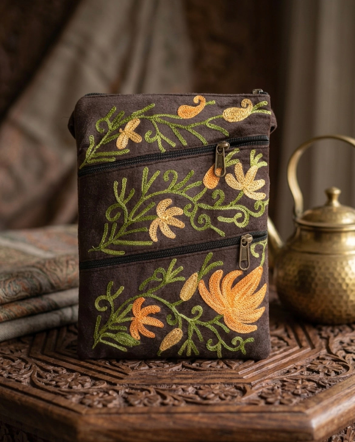 Three Zipper Kashmiri Embroidered Velvet Pouch | Charcoal Black / Deep Espresso