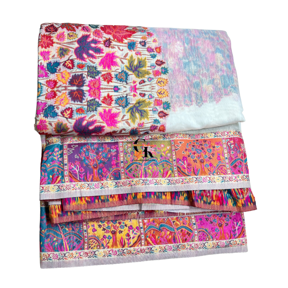 Craftique Kashmir Designer Saree and Blouse Set | Premium Cotton Self Woven | Kalamkaari Premium White Coloured