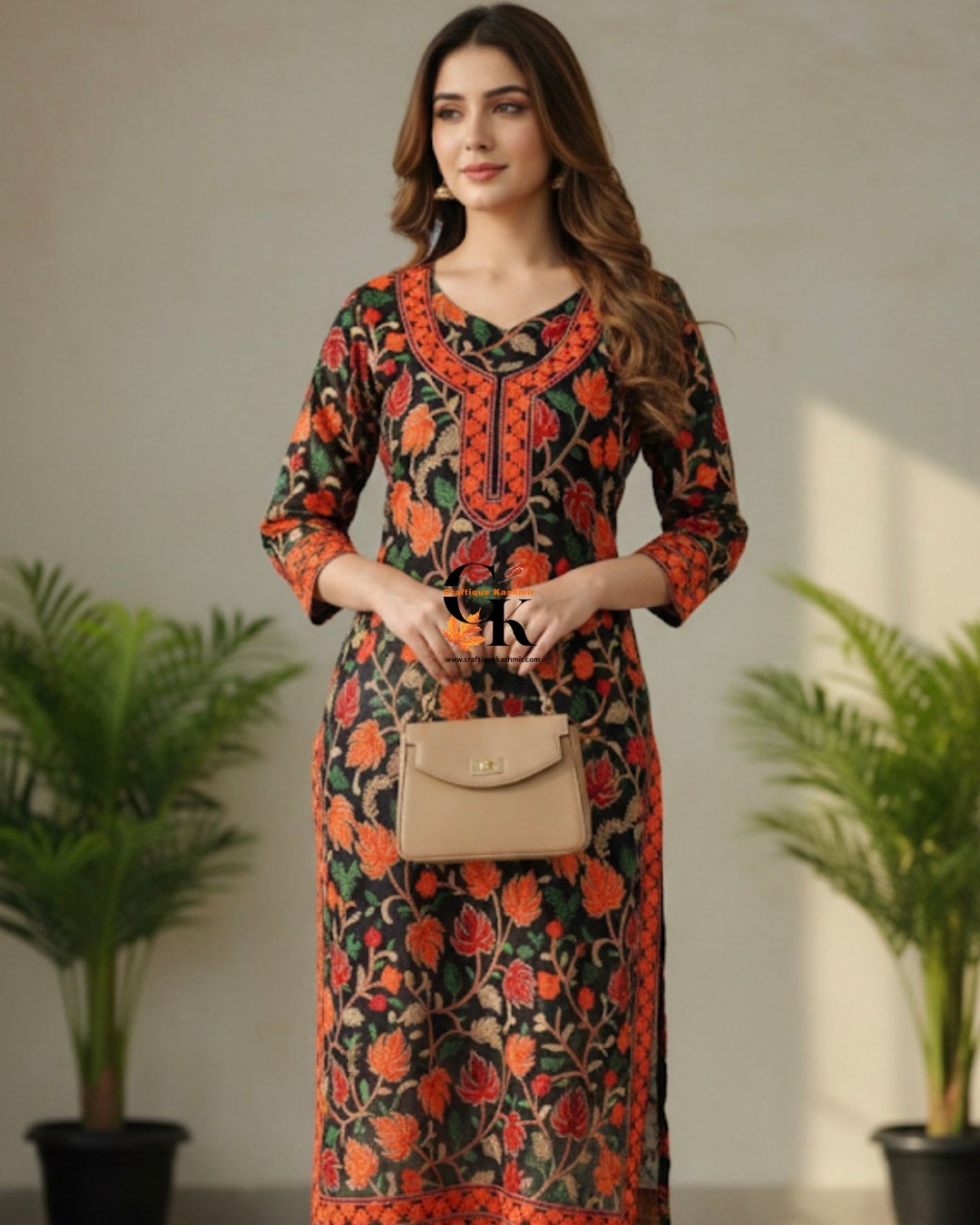 Craftique Kashmir Semi Stitched Black Colorful Motifs Embroidered Long Kurti | Kashmiri Georgette Kurti