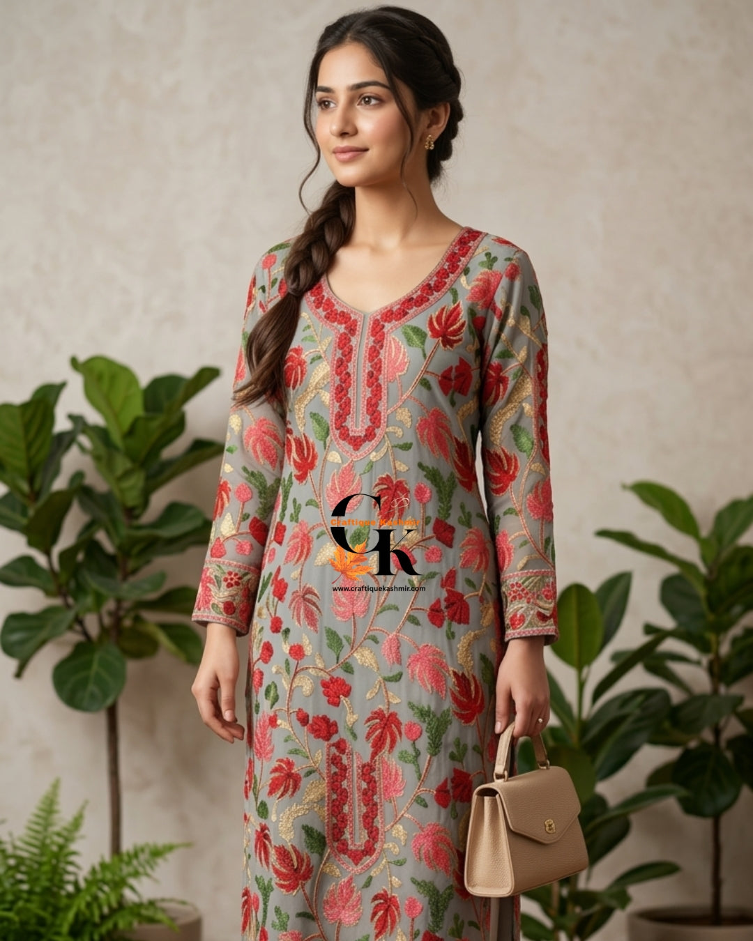 Craftique Kashmir Semi Stitched Grey Colorful Motifs Embroidered Long Kurti | Kashmiri Georgette Ladies Kurti