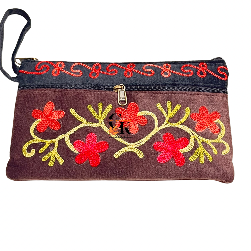 Elegant Velvet Kashmiri Embroidered Utility Pouch / Wristlet | Deep Espresso and Charcoal Shades