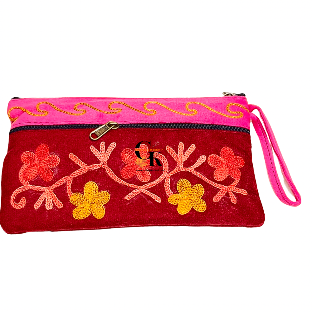Elegant Velvet Kashmiri Embroidered Utility Pouch / Wristlet | Rose & Crimson Shades