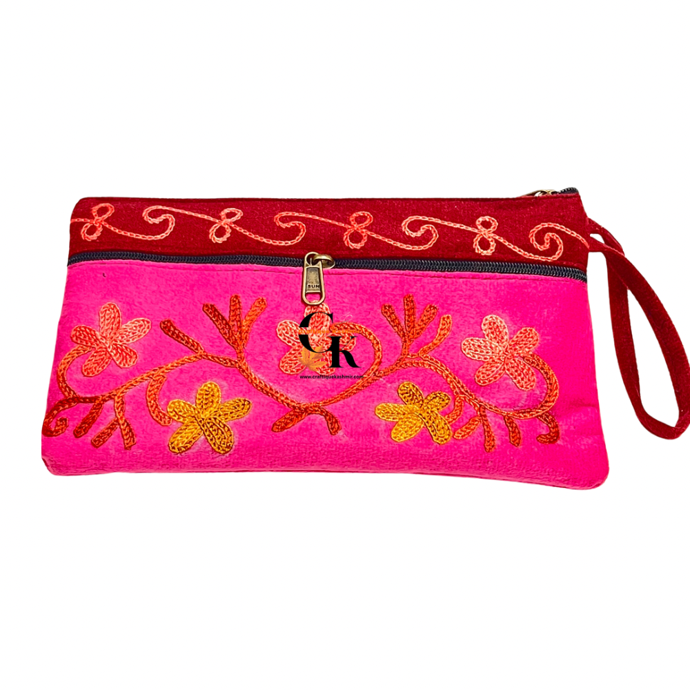Elegant Velvet Kashmiri Embroidered Utility Pouch / Wristlet | Fuchsia & Wine Shades