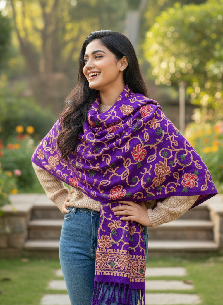 Kashmiri Embroidered Shawl | Purple Colored | Aari Embroidered