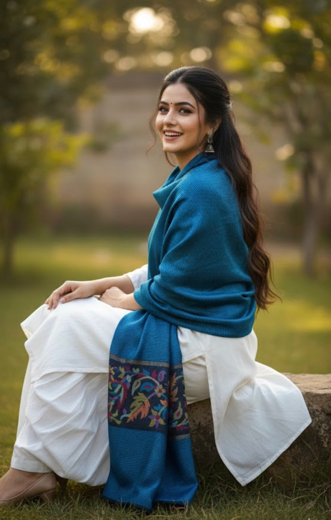 Turquoise Blue Kashmiri Stole | Kani Paaldaar Black Thin Stripes | Self Woven Kani Tussar Silk Stole