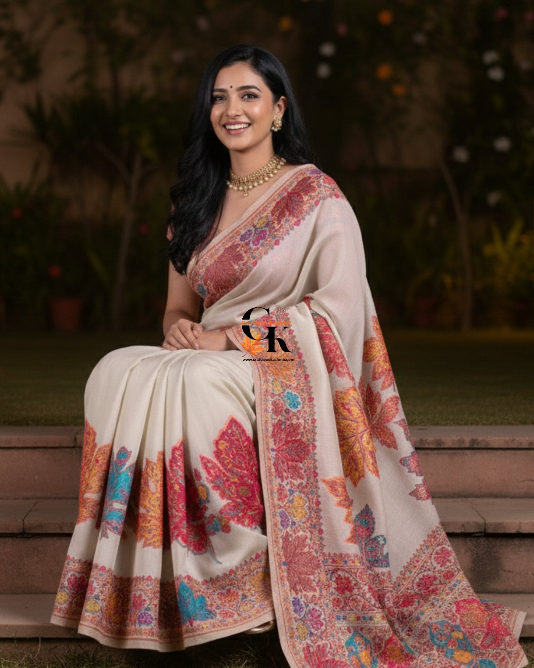 Craftique Kashmir Designer Saree and Blouse Set | Premium Cotton Self Woven | Chinar Embroidery Pure White Coloured