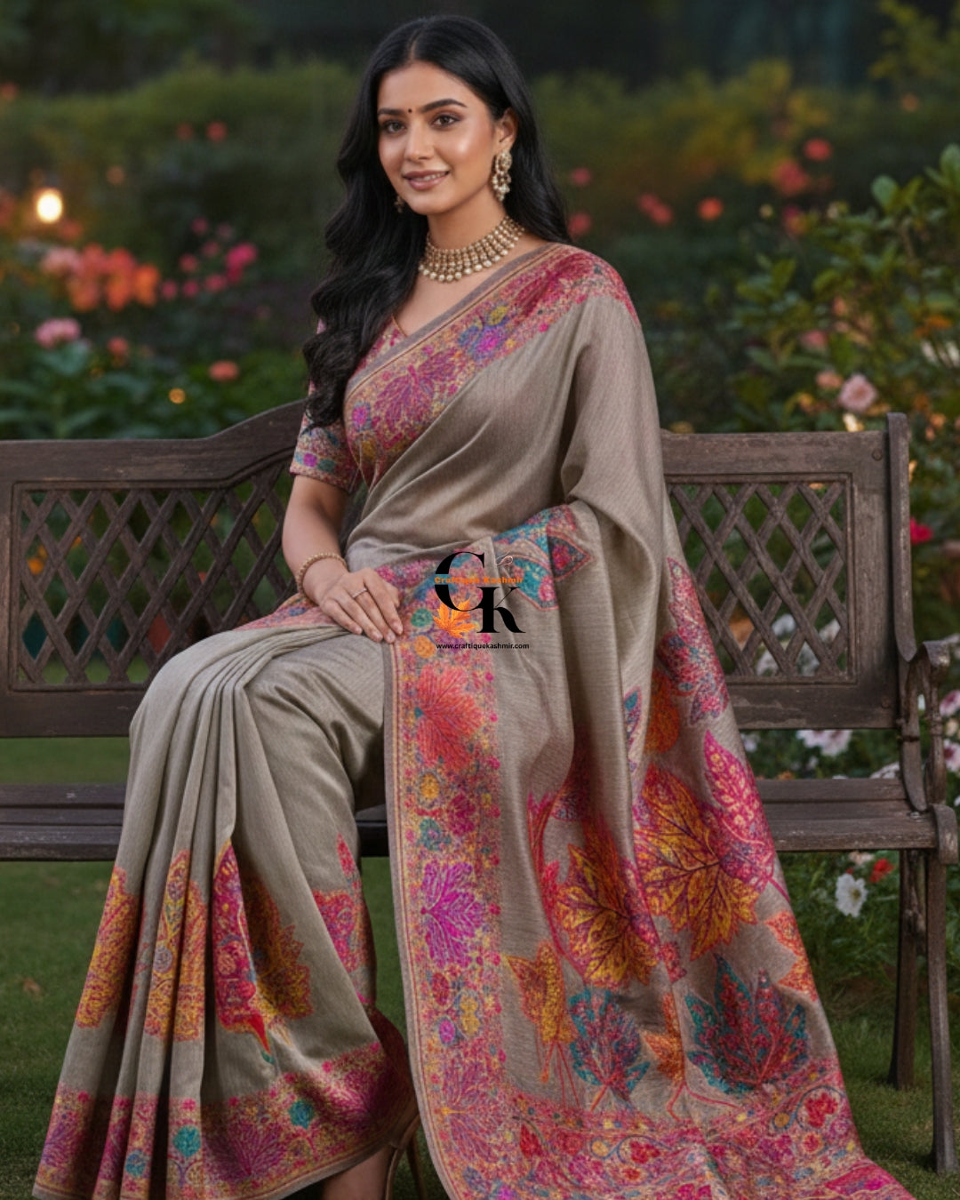 Craftique Kashmir Designer Saree and Blouse Set | Premium Cotton Self Woven | Chinar Embroidery Elegant Grey Coloured