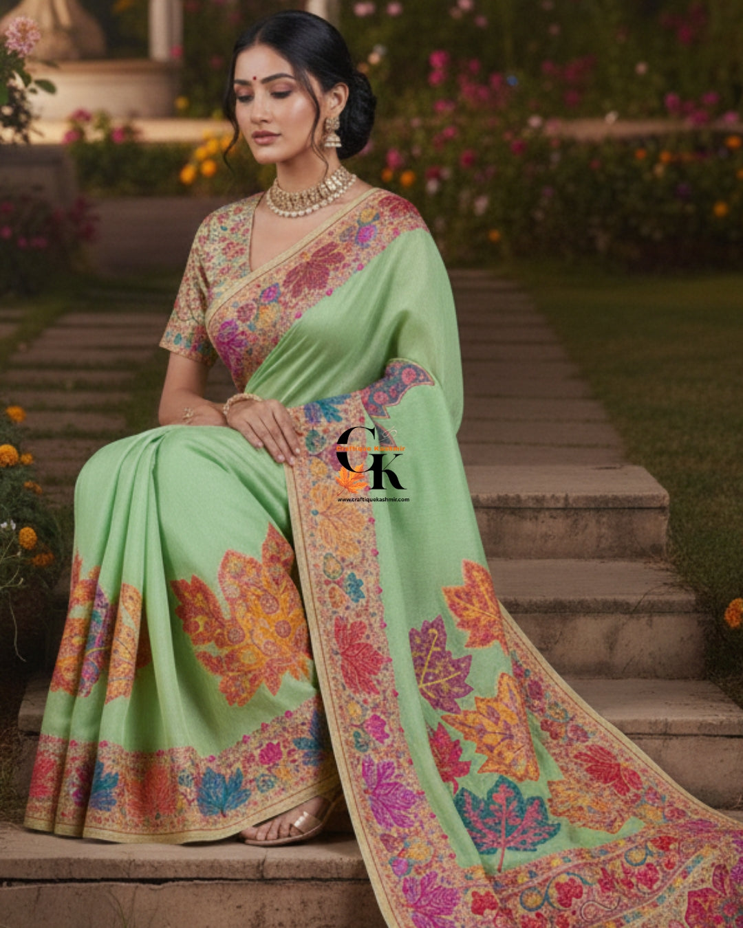 Craftique Kashmir Designer Saree and Blouse Set | Premium Cotton Self Woven | Chinar Embroidery Pista Green Coloured