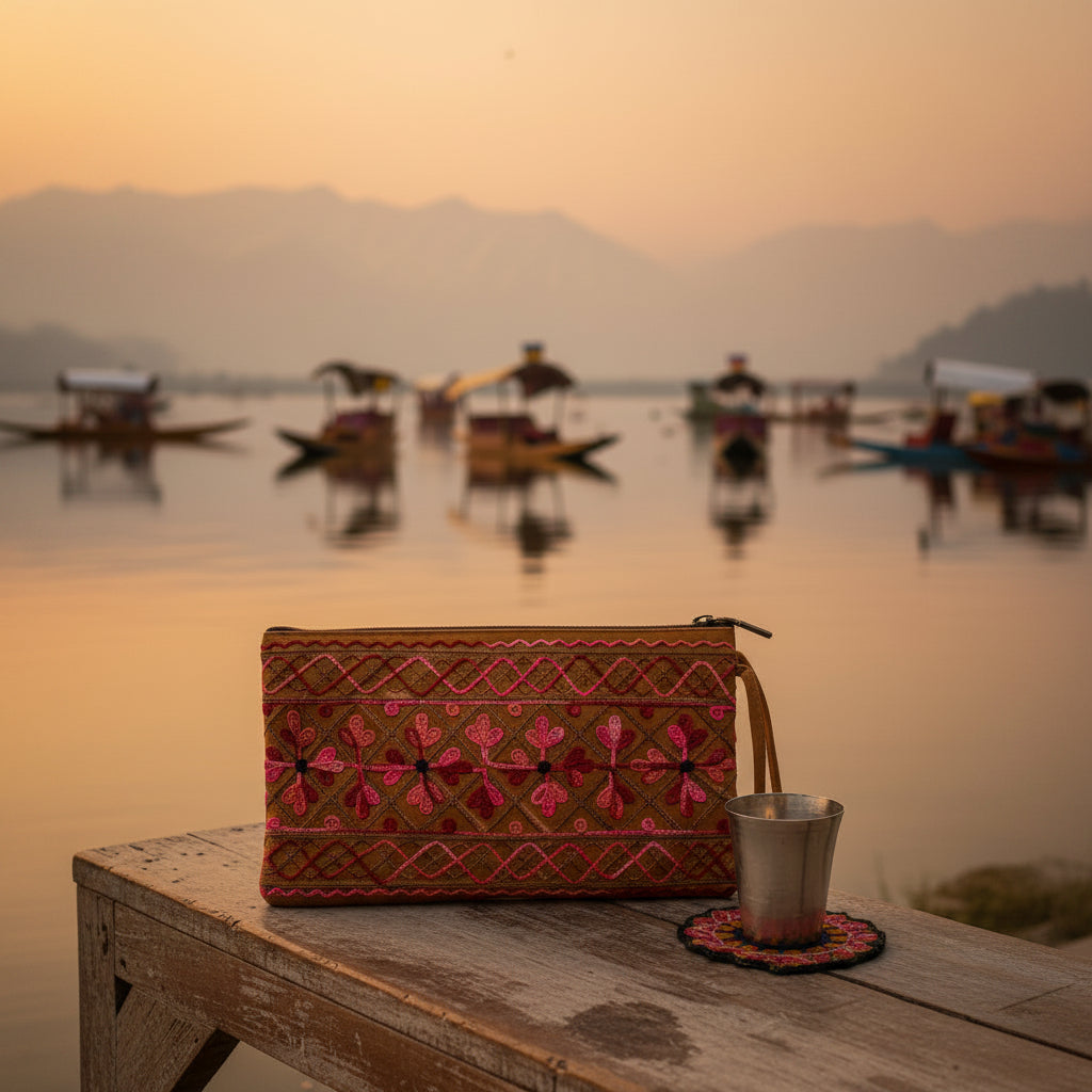 Craftique Kashmiri Embroidered Utility Pouch / Wristlet | Terracotta Blush