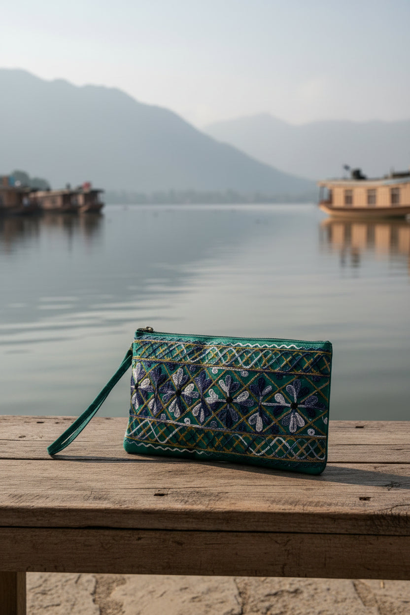 Craftique Kashmiri Embroidered Utility Pouch / Wristlet | Emerald Elegance
