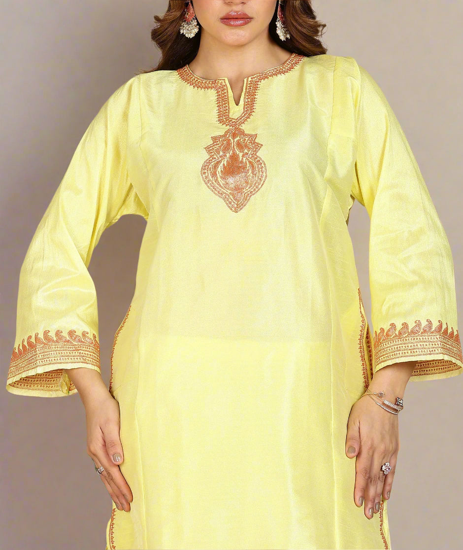 Lemon Green Silk Pheran Set | Till Embroidered