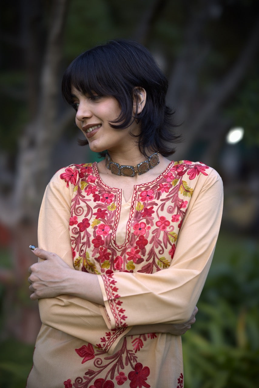 Kashmiri Embroidered Long Kurti | Light Brown & Red Colored Embroidery