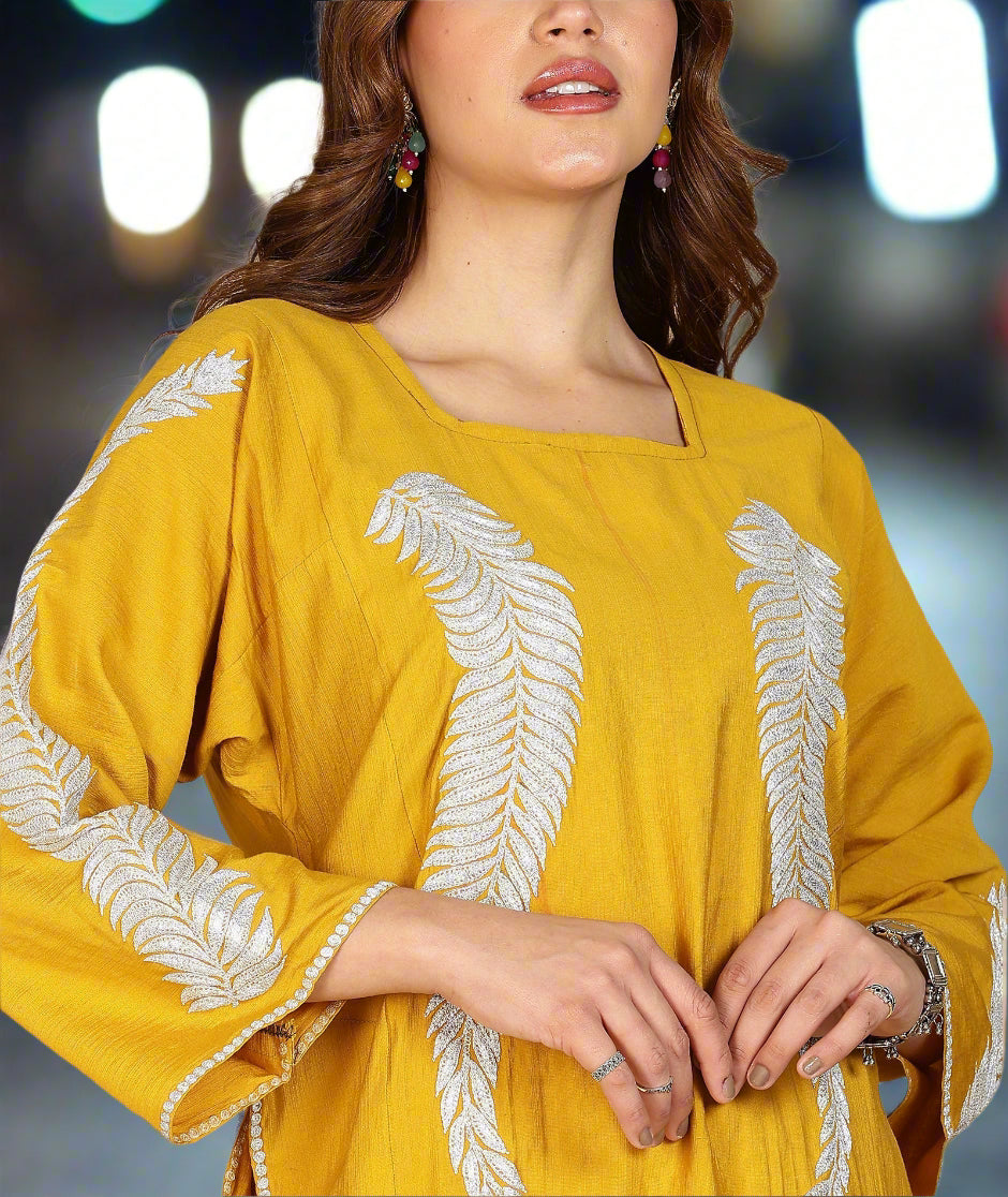 Premium Silk Pheran Set | Mustard Colored | White Tilla Embroidered
