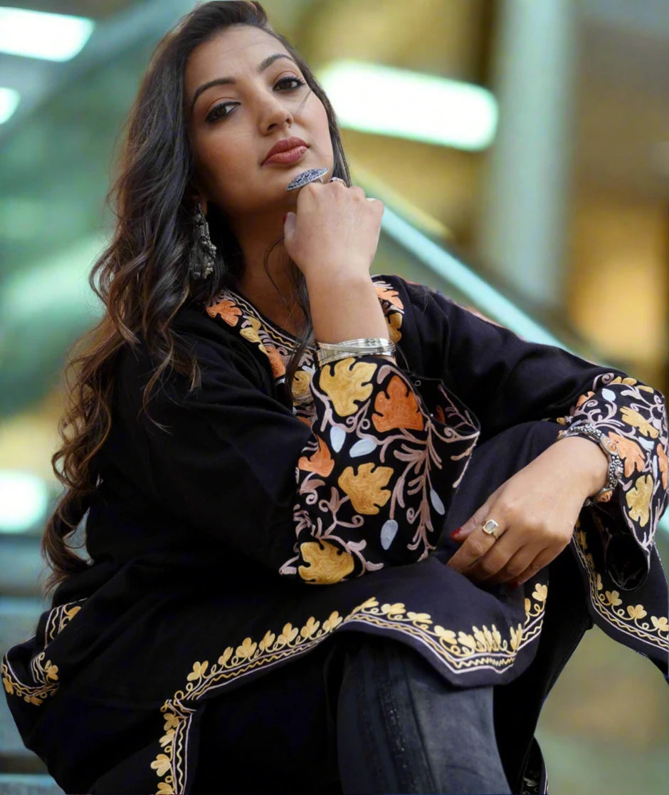 Aari Embroidered | Black Colored and Floral Design | Ladies Woolen Phiran