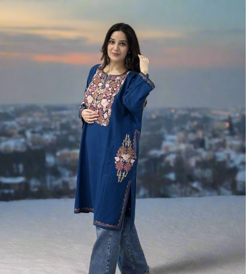 Royal Blue Pheran | Aari Embroidered | Floral Embroidery