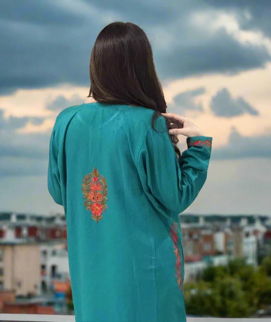 Fine Woolen Pheran | Sea Green | Embroidered | With Pockets