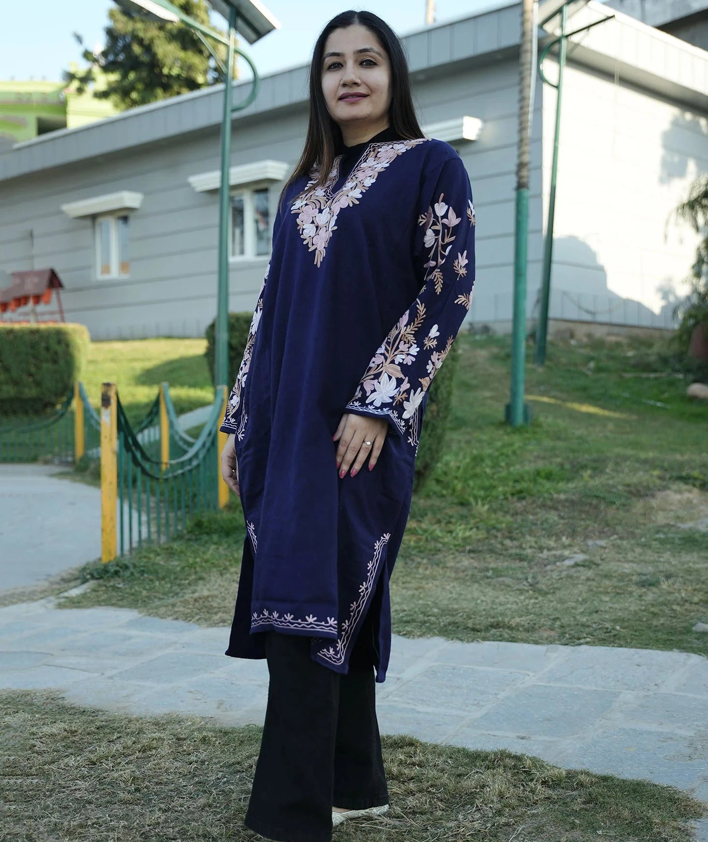 Navy Blue Embroider Ladies Pheran | Fine Wool | With Pockets