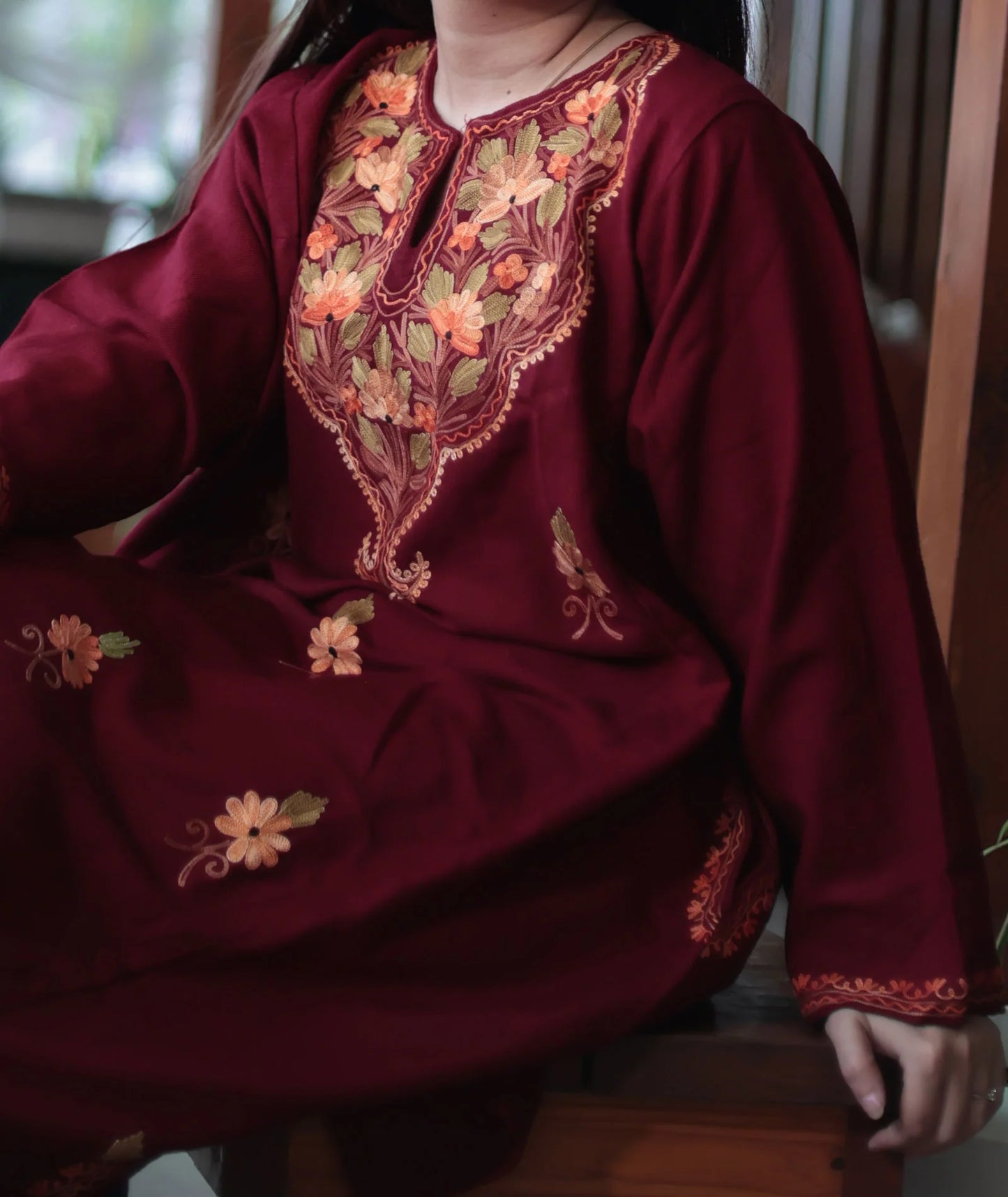 Maroon Colored Ladies Pheran | Bootidaar Kashmiri Aari Embroidered | Fine Wool