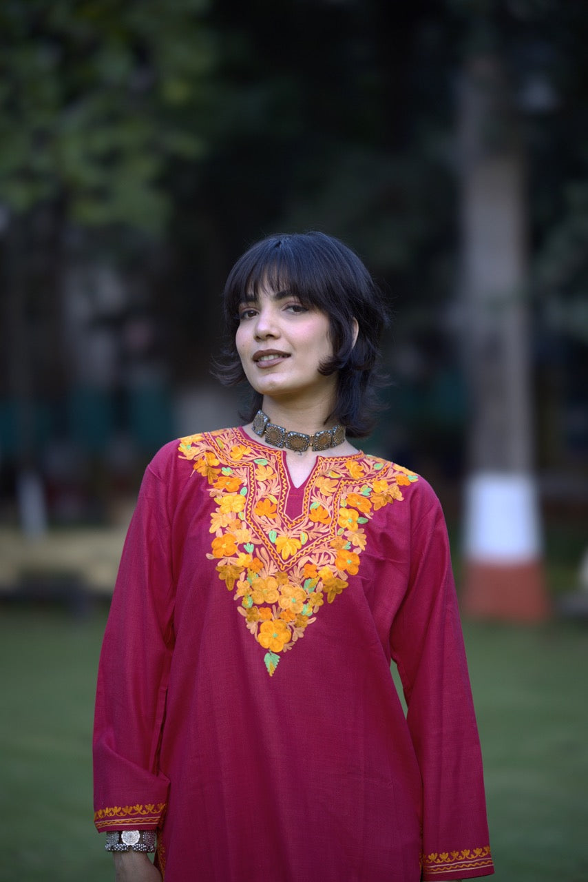 Red Embroidered Kashmiri Kurti | Ladies Long Kurti