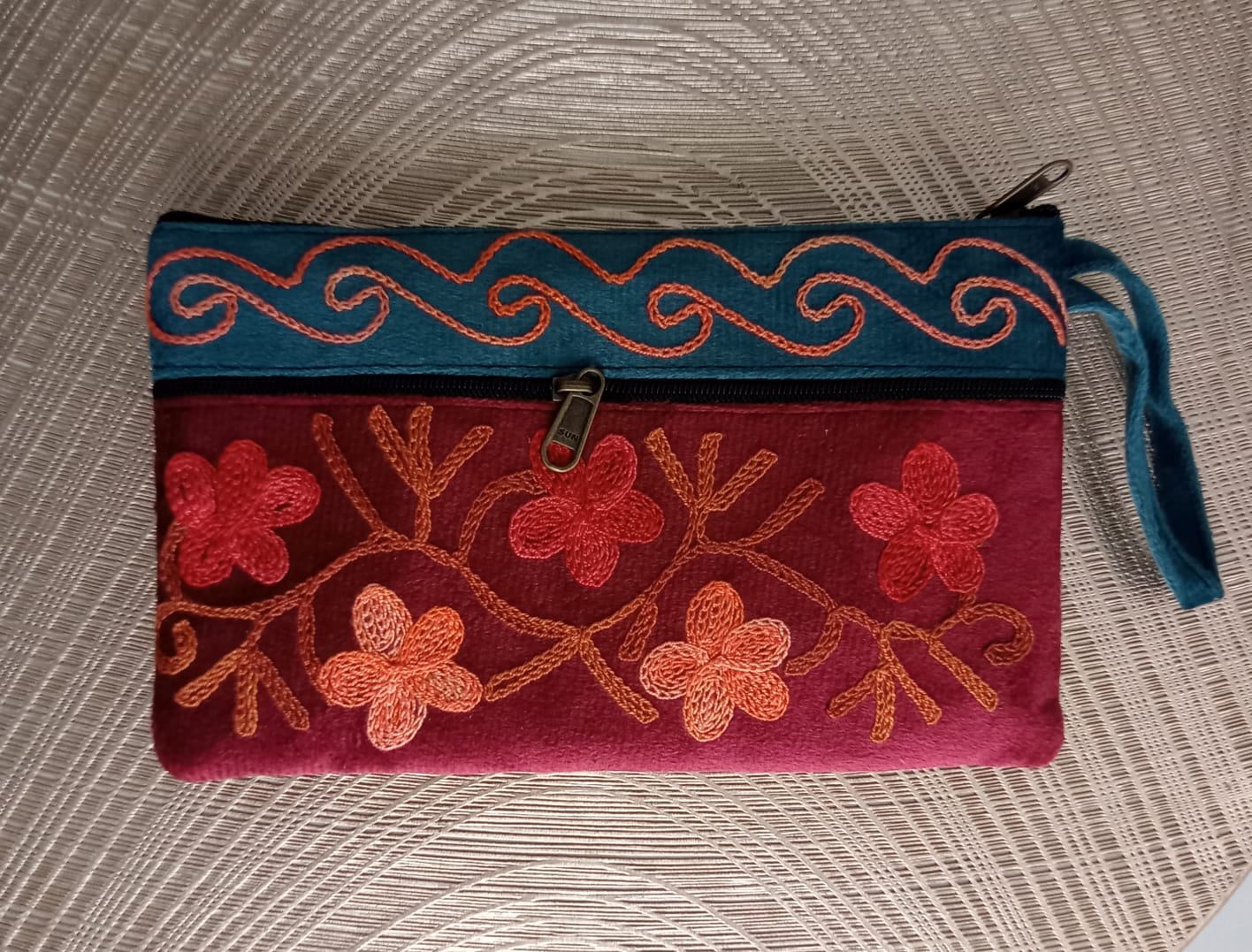 Elegant Velvet Kashmiri Embroidered Utility Pouch / Wristlet | Deep Red & Royal Teal