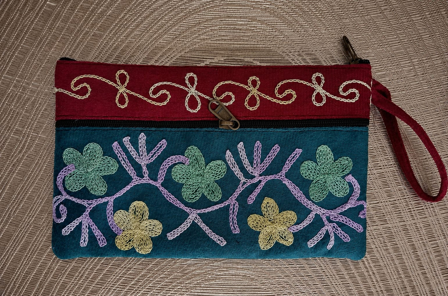 Elegant Velvet Kashmiri Embroidered Utility Pouch / Wristlet | Deep Teal & Wine Red