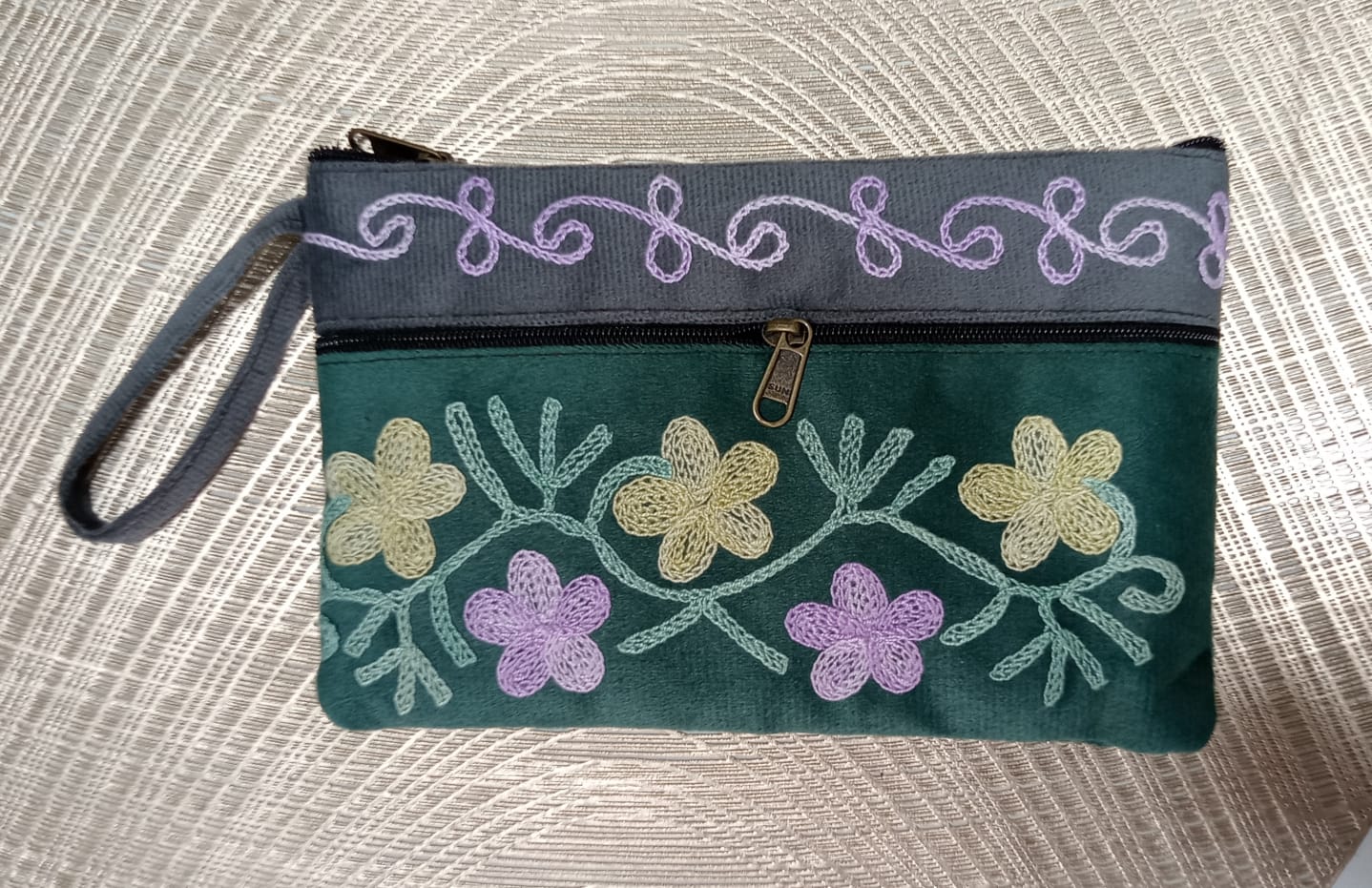 Elegant Velvet Kashmiri Embroidered Utility Pouch / Wristlet | Pine Green & Grey
