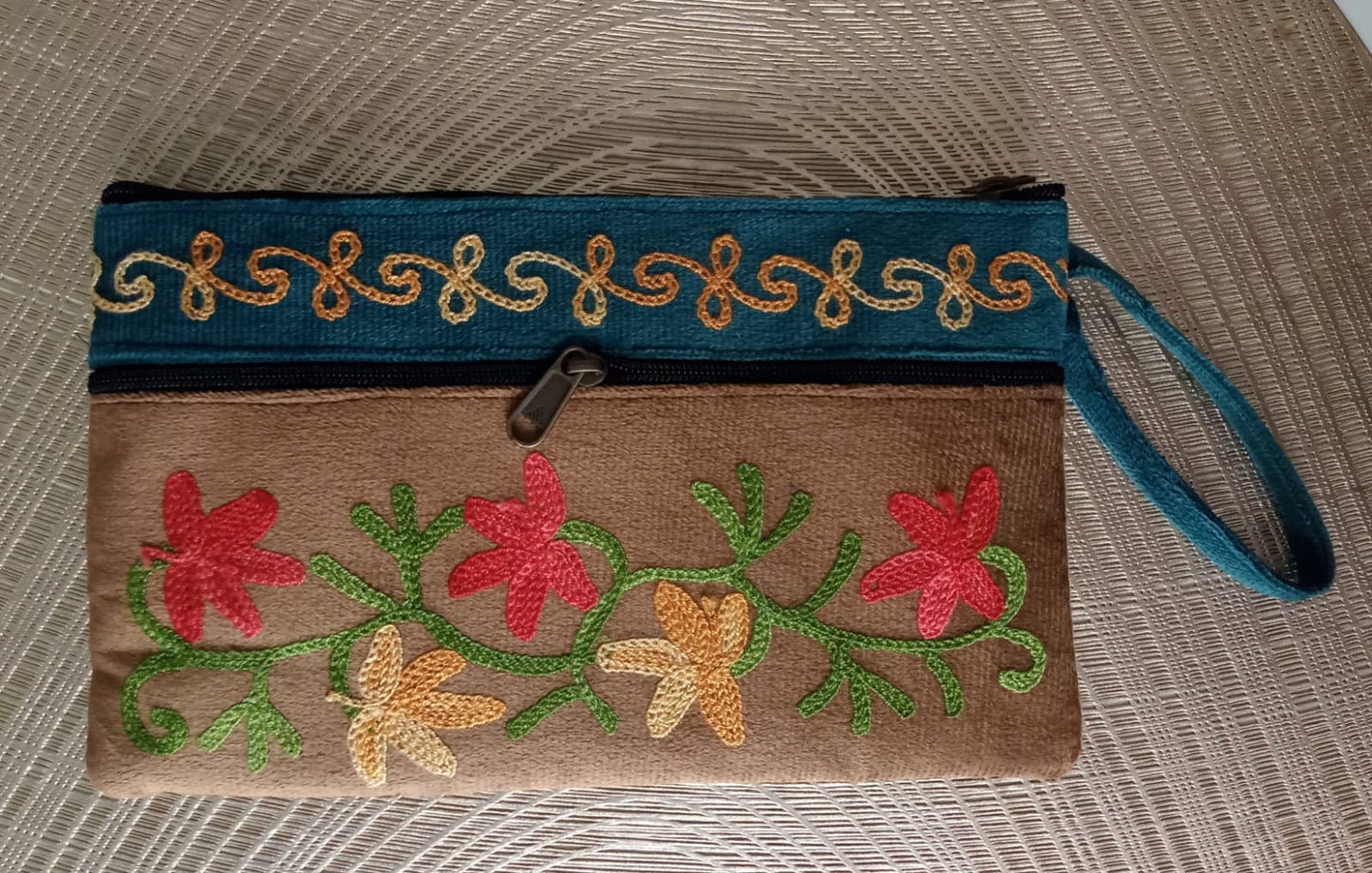 Elegant Velvet Kashmiri Embroidered Utility Pouch / Wristlet | Biscuit Brown & Deep Teal
