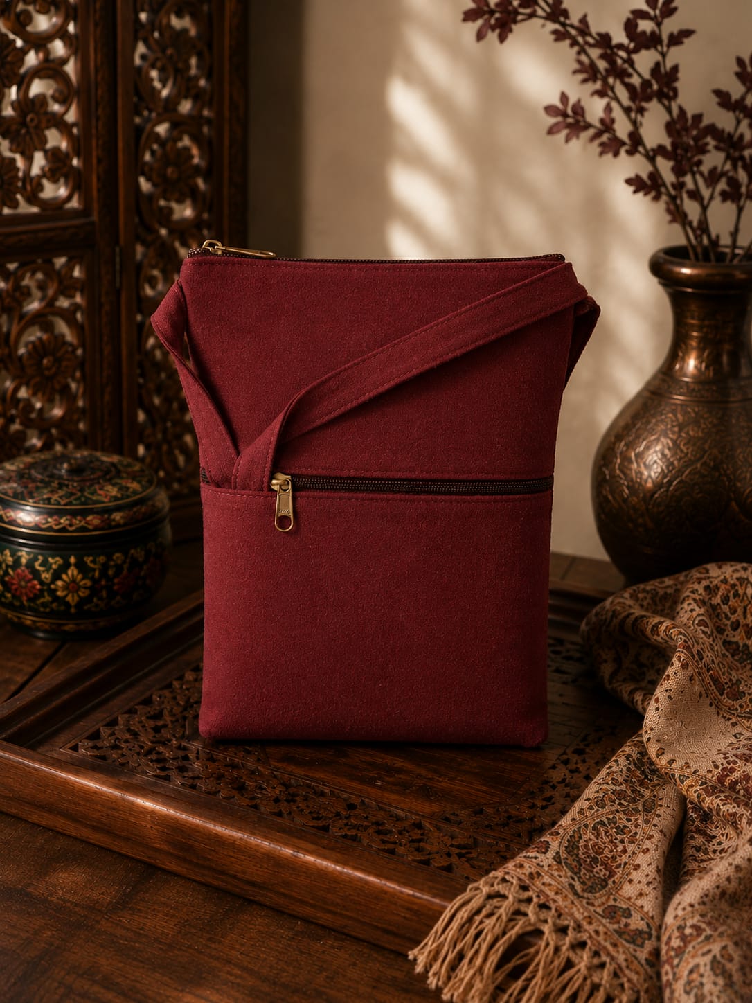 Four Zipper Kashmiri Embroidered Velvet Pouch | Maroon