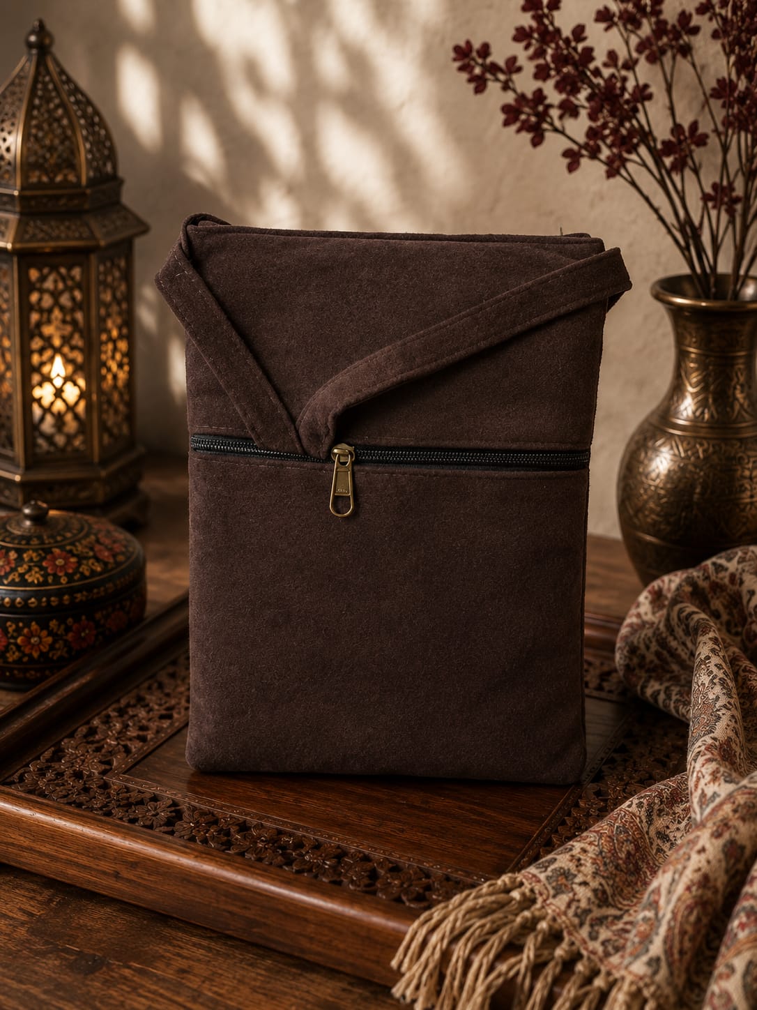 Dark Chocolate Kashmiri Aari Embroidered Utility Sling Pouch