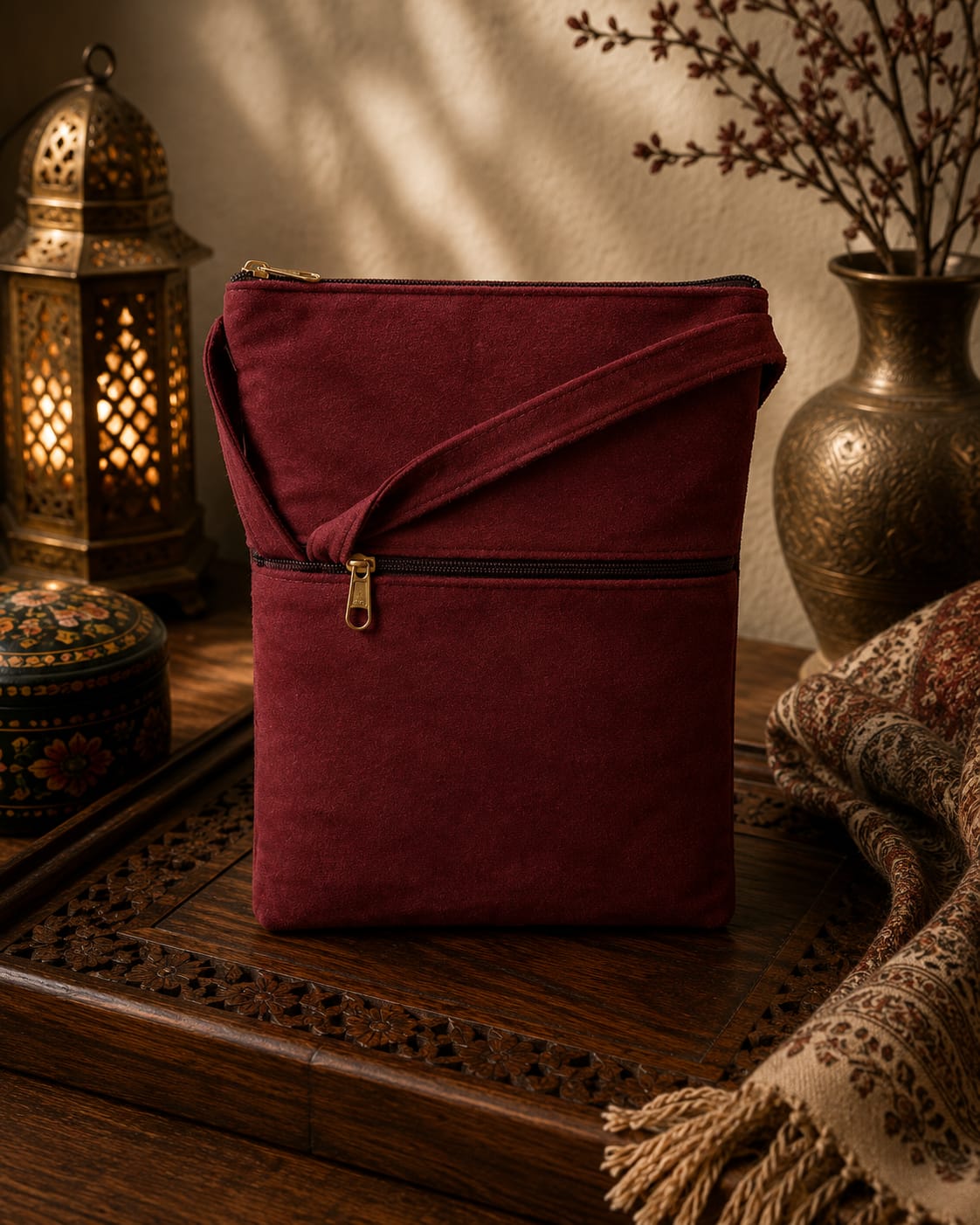 Maroon Kashmiri Aari Embroidered Utility Sling Pouch