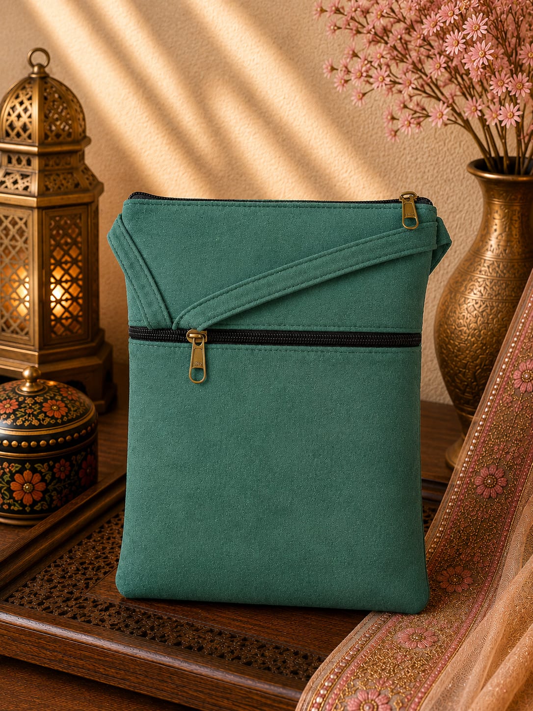 Emerald Green Kashmiri Aari Embroidered Utility Sling Pouch